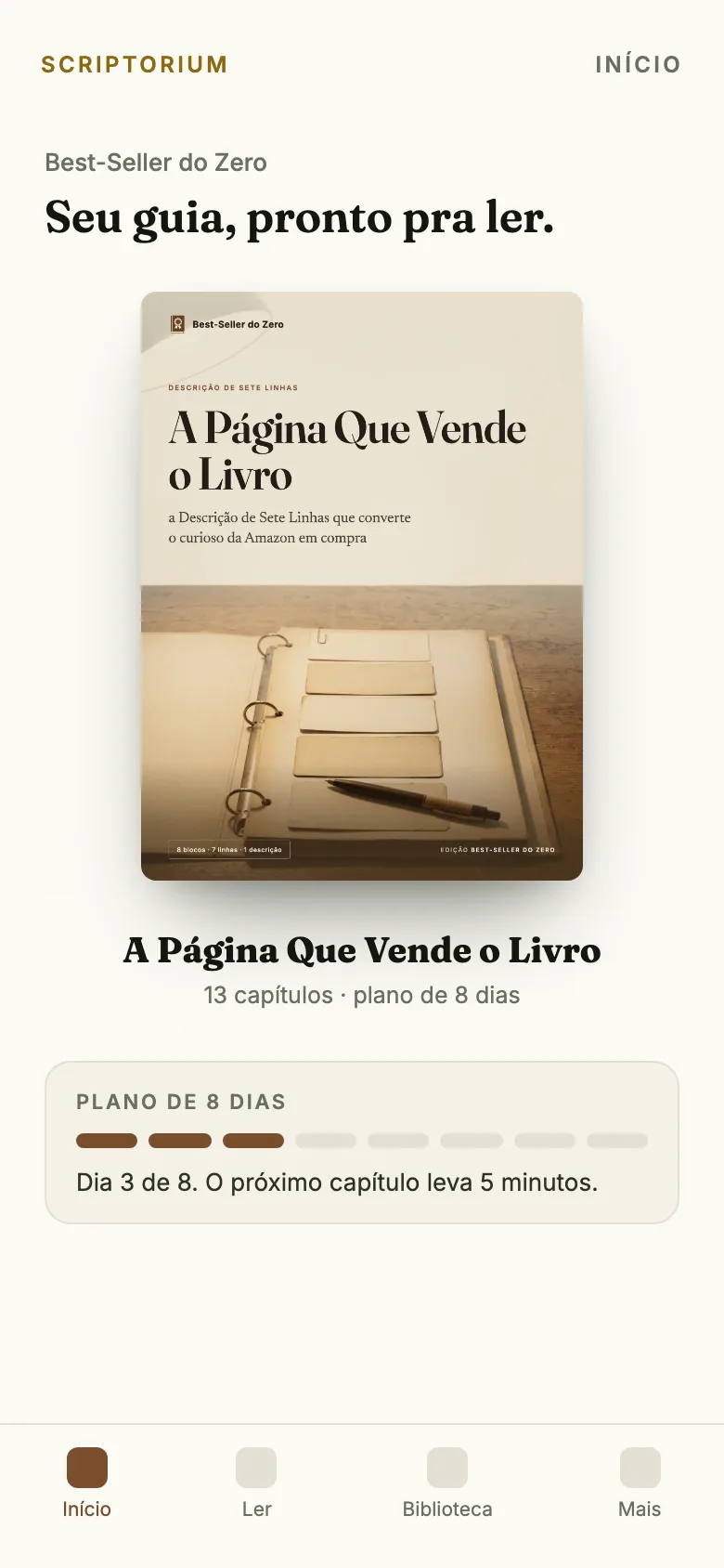 Capa do app: o ebook A Página Que Vende o Livro aberto na tela Início, com o plano de 8 dias