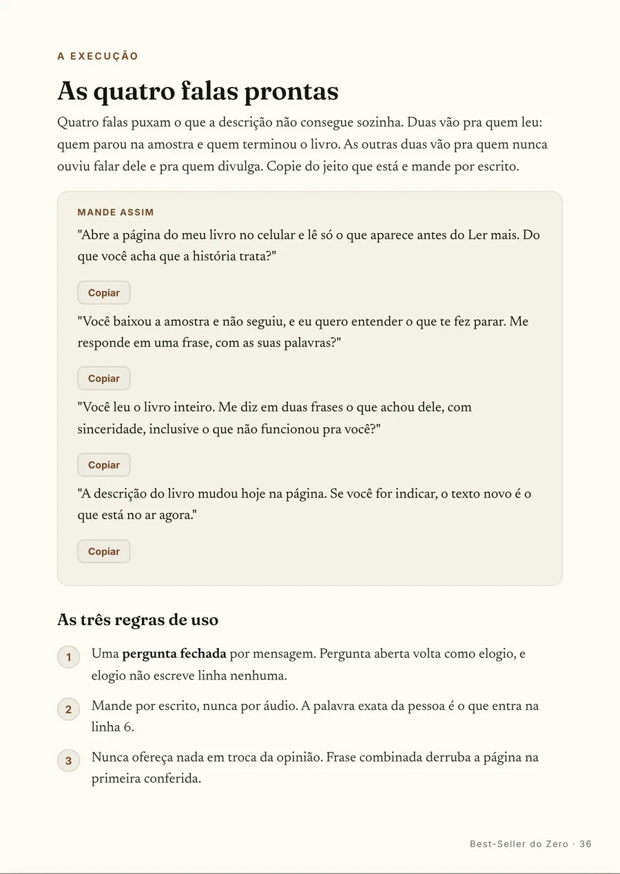 Falas prontas: As quatro falas prontas, com as regras de uso ao lado de cada uma